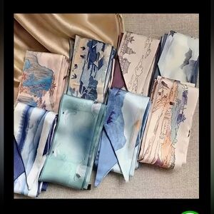8 Twilly Silk Scarves with Scenic Prints